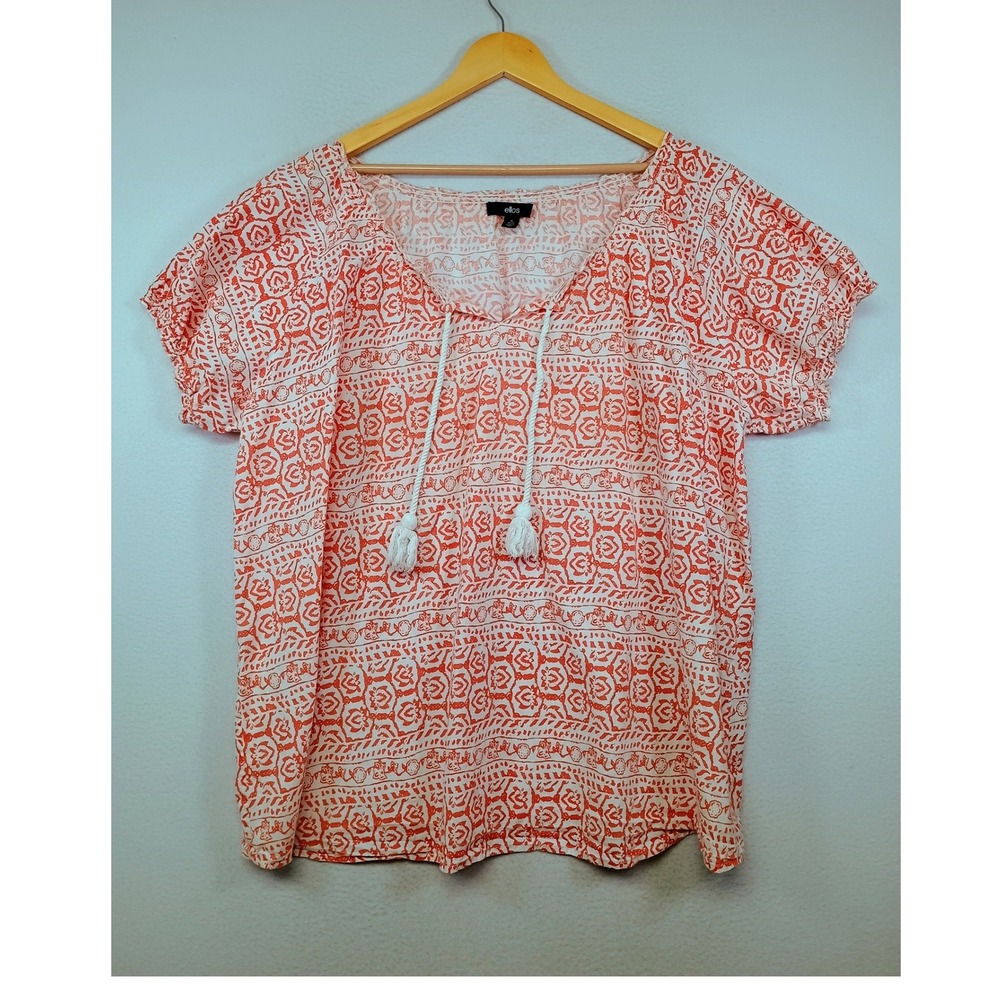 Boho Peasant ellos Womens 1X Orange White Block Print Tassel Short Sleeve Blouse